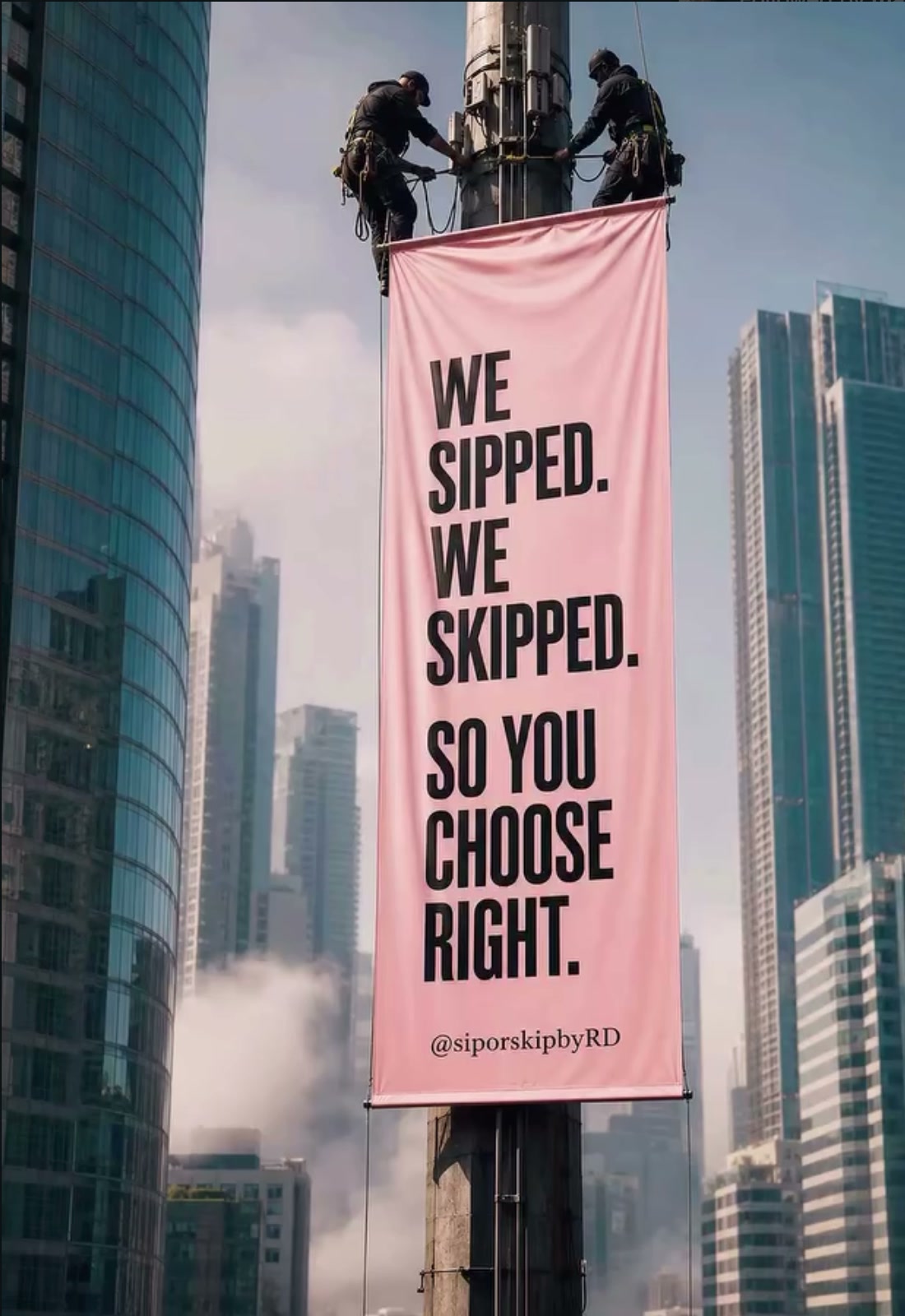 Pink banner on a skyscraper reading We sipped. We skipped. So you choose right.